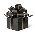 Black gift box with decorative black bow. Holiday decoration