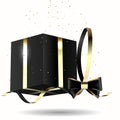 Decorative black gift box with golden bow and long ribbon. Vector Royalty Free Stock Photo