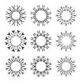 Decorative black sun symbols collection. Set of linear drawing sun rays isolated on white background. Vector design