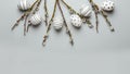 Decorative black and white easter eggs with willow branches on grey background Royalty Free Stock Photo