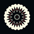 Decorative black and white logo with red dots in the shape of a flower