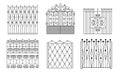 Decorative Black Wrought Iron Gates Set, Vintage Fences with Swirls Vector Illustration