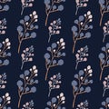 Decorative blackberry print seamless pattern. Doodle food fresh branches on navy blue backround