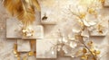 Luxurious Gold and White Floral Design with Bee on Marble Blocks Royalty Free Stock Photo