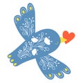 Decorative blue bird with floral pattern with red heart in its beak. Vector illustration. Feathered beautiful flying