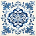 Blue And White Tile Design With Floral Detail - Traditional Oil Painting Style
