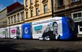 Decorative blue and white tram in downtown in Zagreb.