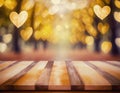 Decorative board for display of product with gold hearts in background bokeh effect