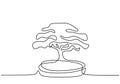 Decorative bonsai tree in pots continuous one line drawing. Old beauty exotic little bonsai tree for home art wall decor. Ancient