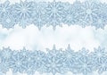 A decorative border featuring a variety of intricately designed blue snowflakes on a subtle, cloudy Royalty Free Stock Photo