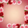 Floral frame composed of vibrant red and soft pink roses with green leaves and subtle bokeh lights against a gradient pink Royalty Free Stock Photo
