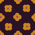 Decorative botanic seamless pattern with orange flower simple silhouettes. Purple dark background Royalty Free Stock Photo