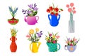 Decorative bouquets of flowers in different containers - a jug, a bowl, a teapot and a mug, a watering can and a bottle