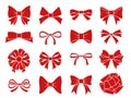 Decorative bow set. Red gift bows silhouettes, satin ribbons for present boxes, wedding or xmas accessory holiday Royalty Free Stock Photo