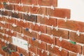 Decorative bricks with tile leveling system on white wall in room Royalty Free Stock Photo