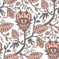 Decorative brown fantasy flowers and branches on white background inspired indian paisley culture. Floral seamless pattern