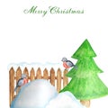 Decorative brown wooden fence in winter with snow, Christmas tree and Bullfinch bird couple and snowdrifts. Front view Royalty Free Stock Photo