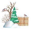 Decorative brown wooden fence in winter with snow, Christmas tree and Bullfinch bird couple and snowdrifts. Front view Royalty Free Stock Photo