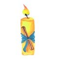 decorative burning candle with blue bow and cinnamon stick. flame of Christmas candle with ribbon and bow