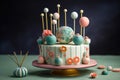 decorative cake made with patterned fondant and topped with whimsical cake pops