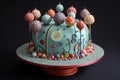 decorative cake made with patterned fondant and topped with whimsical cake pops