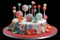 decorative cake made with patterned fondant and topped with whimsical cake pops