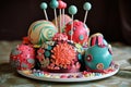 decorative cake made with patterned fondant and topped with whimsical cake pops