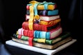 decorative cake made to resemble giant stack of books with pops of color