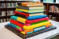 decorative cake made to resemble giant stack of books with pops of color