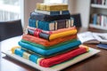 decorative cake made to resemble giant stack of books with pops of color