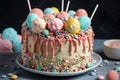 decorative cake with mix of frosting, cake, and pops in different colors