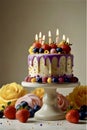 A decorative cake sits on a white pedestal. It features a pastel design with swirling patterns Royalty Free Stock Photo