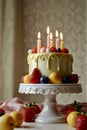 A decorative cake sits on a white pedestal. It features a pastel design with swirling patterns Royalty Free Stock Photo