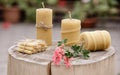 Decorative candles made of beeswax. Group bee candles.
