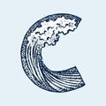 Decorative capital letter C. Marine ancient style. Waves and the sea in letter. Old Vintage typeface. Editable and