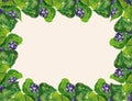 Decorative card with border from watercolor drawings of blooming purple flowers in green leaves