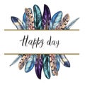 Decorative card with colorful detailed bird feathers. Happy Day lettering. Isolated on white background. Vector illustration Royalty Free Stock Photo