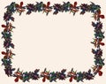 Decorative card with frame from watercolor drawings of autumn branch viburnum with ripe berries