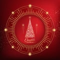 Decorative card of golden Christmas tree, stars, text. Happy New Year, Merry Christmas symbol, round ornate composition, elements Royalty Free Stock Photo