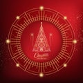 Decorative card of golden Christmas tree, stars, text. Happy New Year, Merry Christmas symbol, round ornate composition, elements