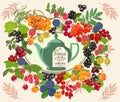 Decorative card with tea set and berries. Vector illustration.