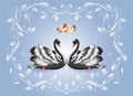 Decorative card with two black swans and vintage ornament and golden rings for invitations or congratulations with wedding or
