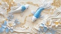Elegant White and Blue Koi Fish with Flowers and Pearls on Textured Background Royalty Free Stock Photo