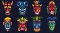 Decorative cartoon illustration of tiki masks. Set of brightly colored wood face elements of Hawaiian ethnic groups. Royalty Free Stock Photo