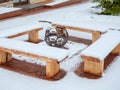 Sochi, Russia - 25 February 2020. Decorative carved brazier in the shape of a soccer ball with animal figures with