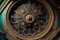 a decorative ceiling with a circular design on it\'s side and a clock on the side of the ceiling