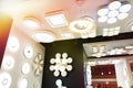 Decorative ceiling lamps and chandeliers in store Royalty Free Stock Photo