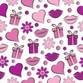 Decorative celebratory seamless background with lips,gift and hearts