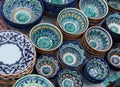 Decorative ceramic cups with traditional uzbekistan ornament.