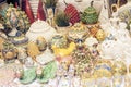 Decorative ceramic and glass plates, figurine, vase and statuette in the souvenir shop in Taormina, Sicily, Italy